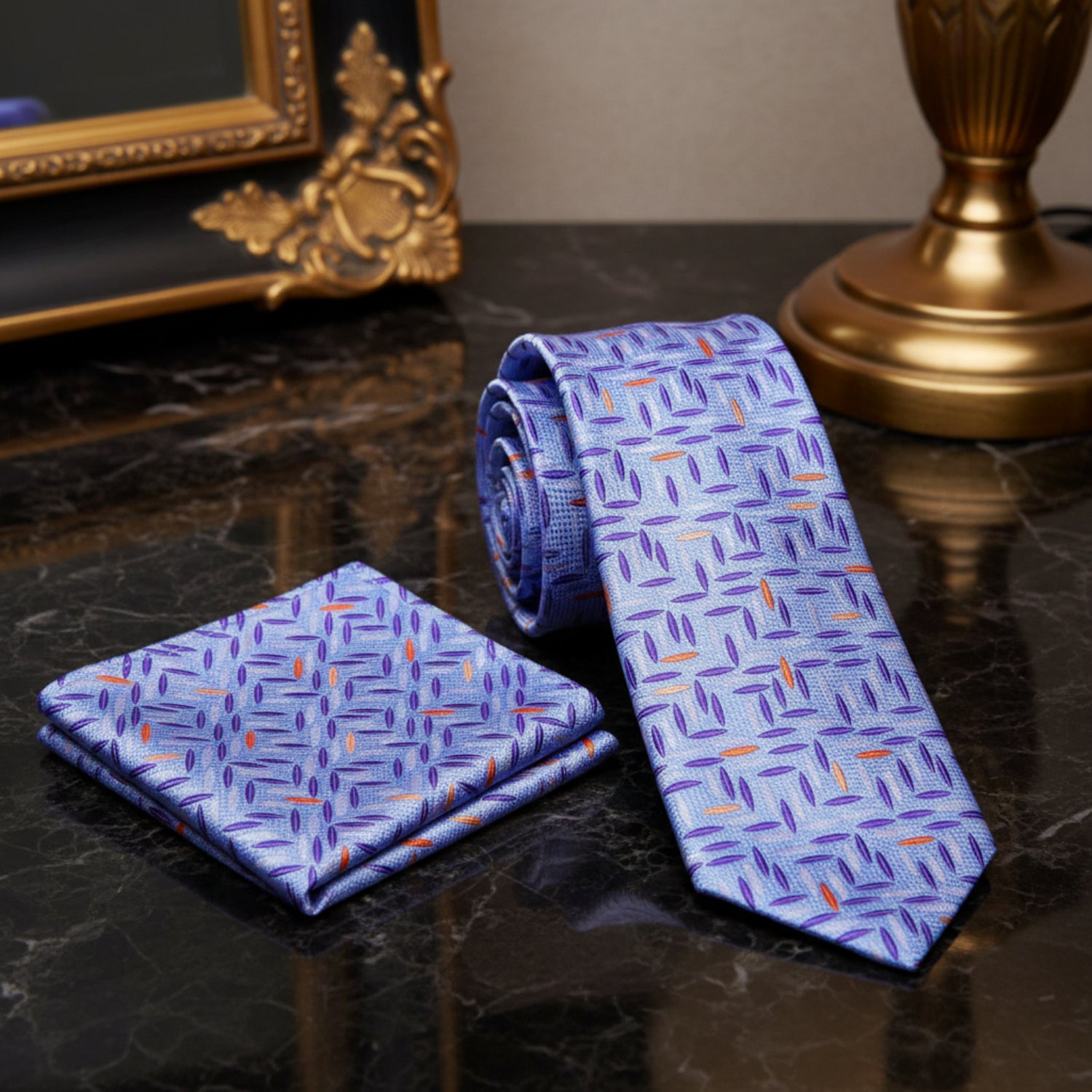 Alt View: Light Blue, Purple, Orange Abstract Tie and Pocket Square