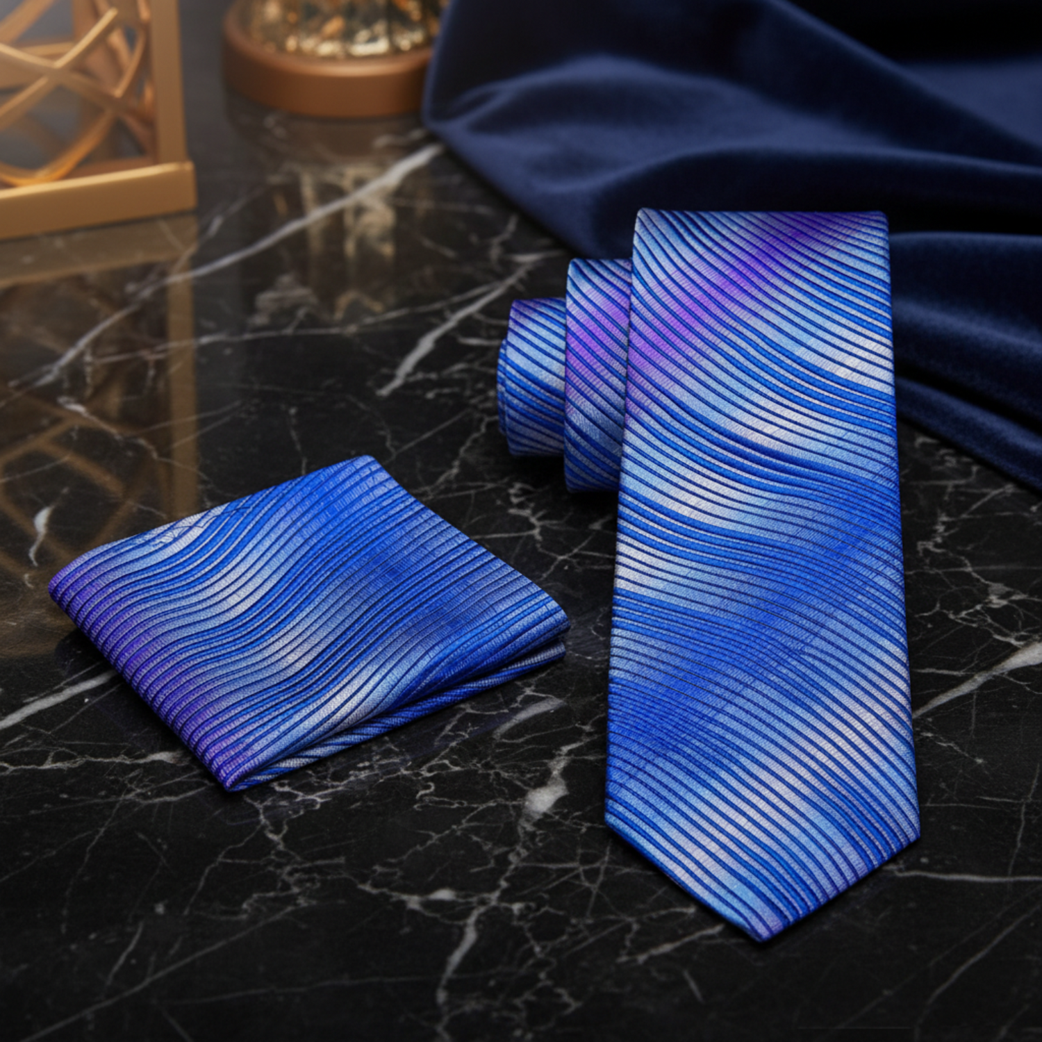 View 2: A Blue, Light Blue, Purple Color Abstract Wavy Swirl Pattern Necktie, Matching Pocket Square