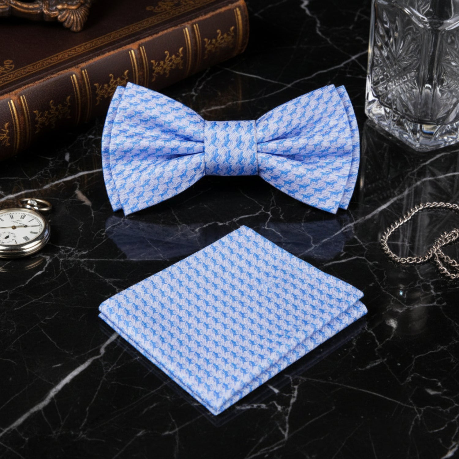 Light Blue Racehorses Bow Tie and Pocket Square