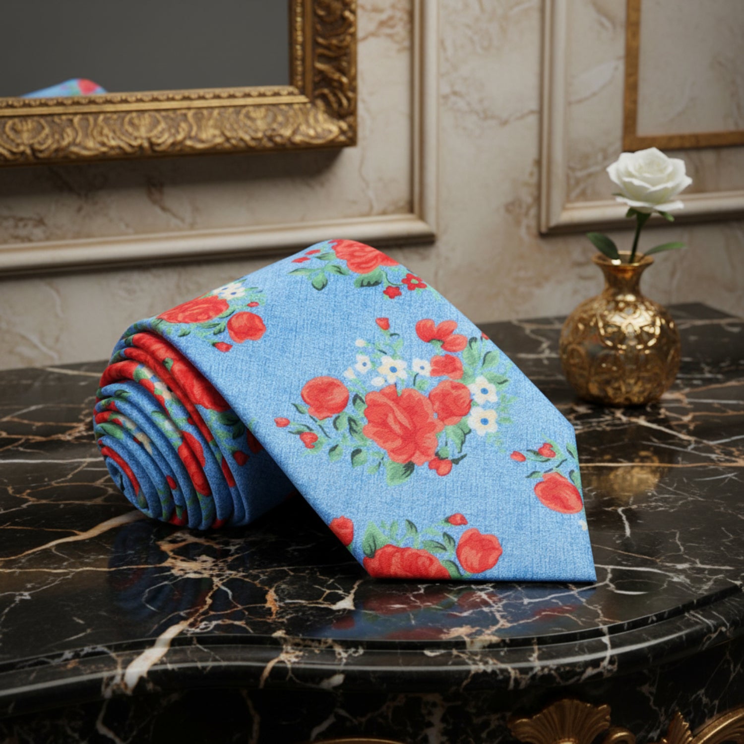 Light Blue, Red, White Roses Tie