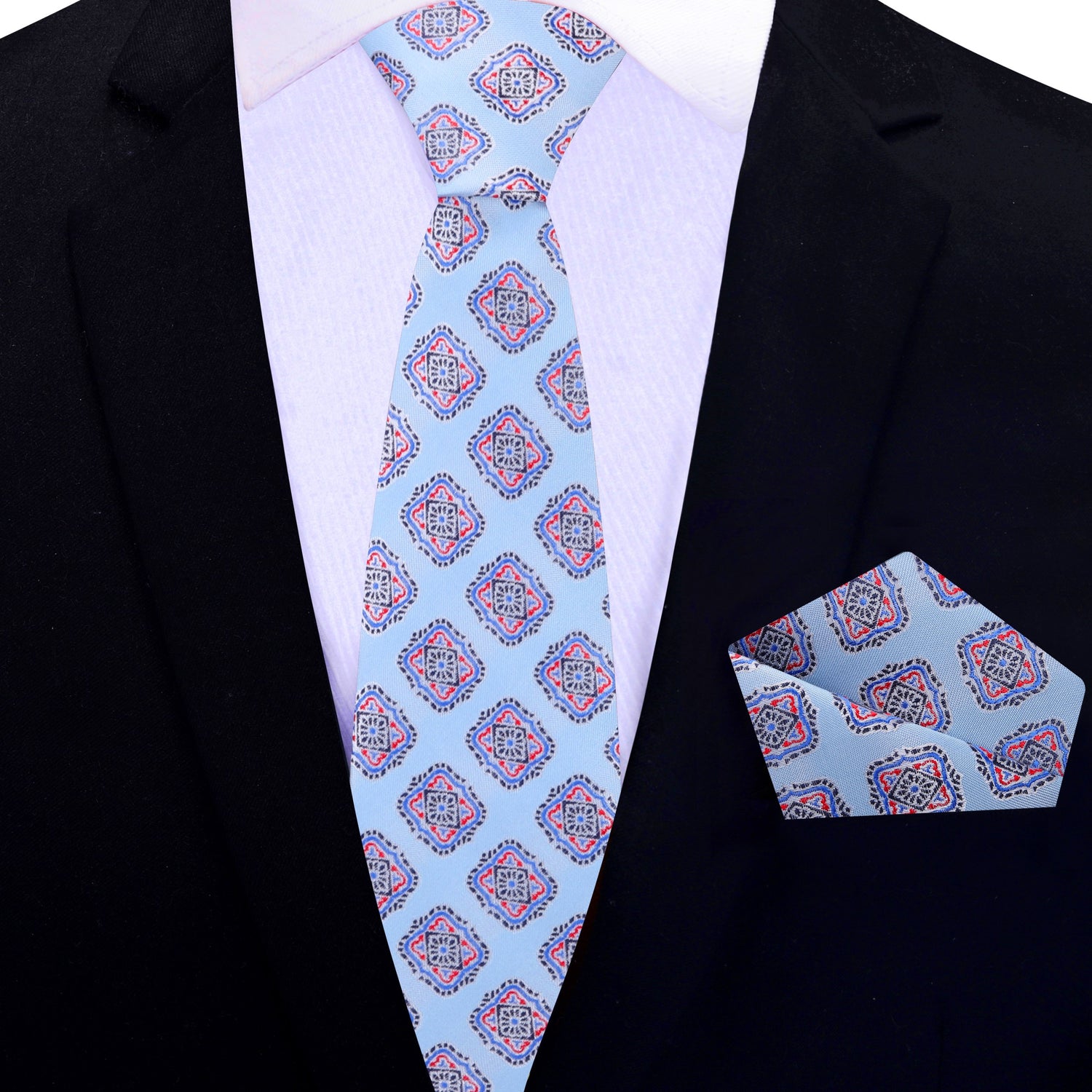 Thin Tie: Light Blue and Red Medallions Tie and Pocket Square