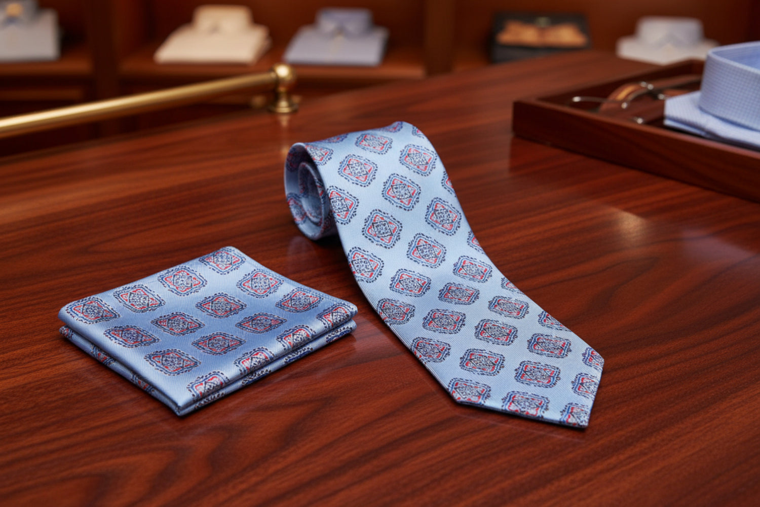 Alt View: Light Blue and Red Medallions Tie and Square