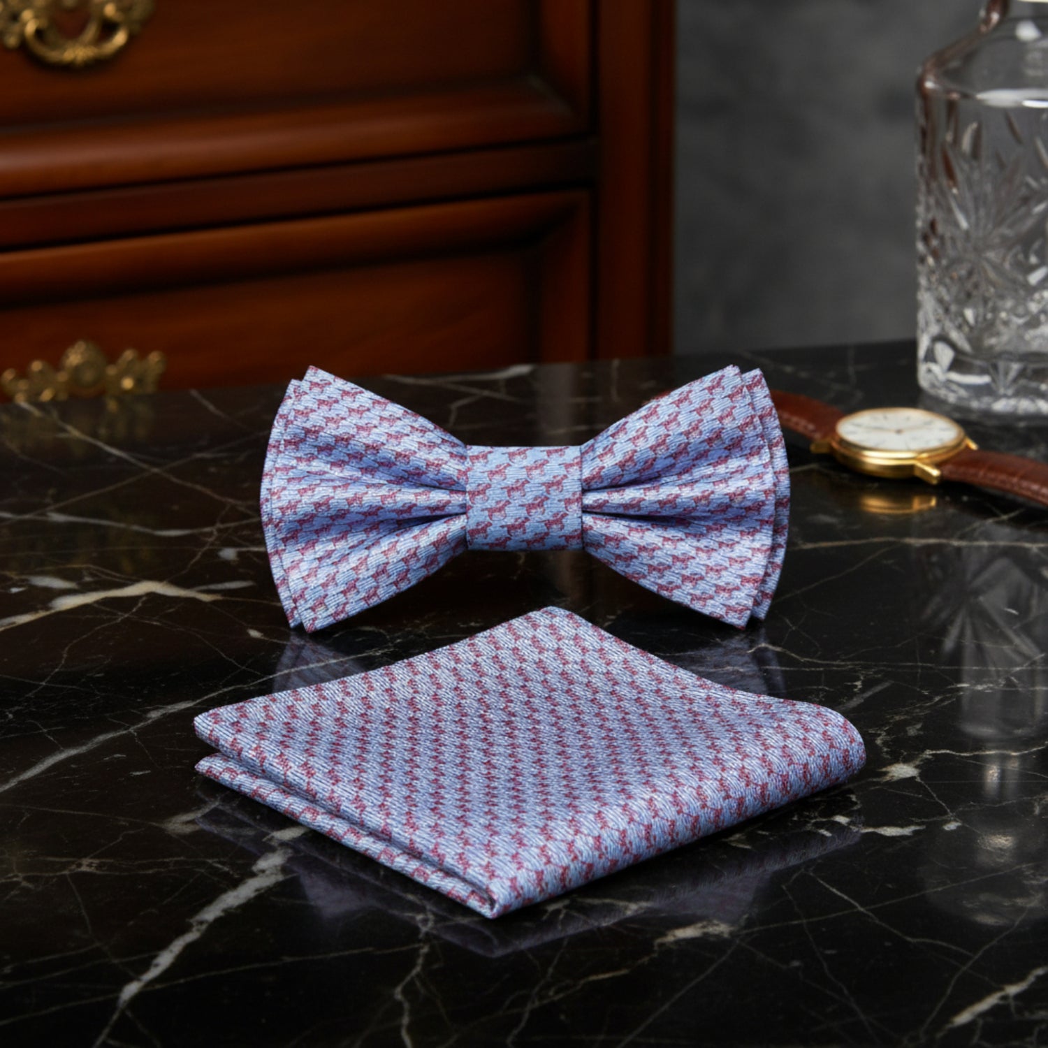 Light Blue and Red Race Horses Bow Tie and Pocket Square