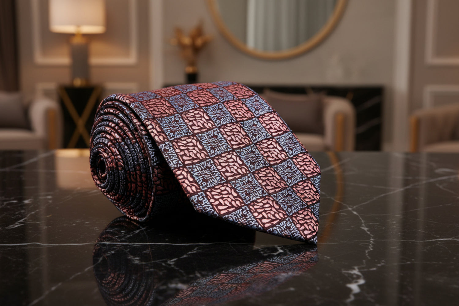 View 3: A Rose Gold And Grey Geometric With Paisley Pattern Necktie.