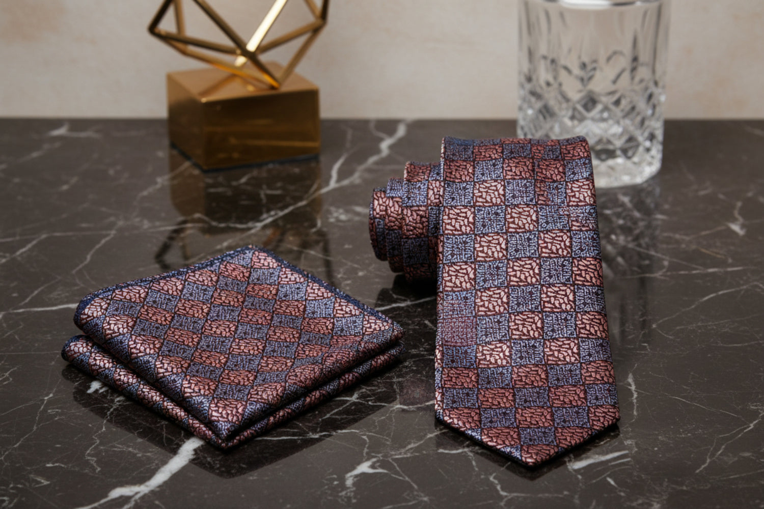 view 2 A Rose Gold And Grey Geometric With Paisley Pattern Necktie, With Matching Pocket Square