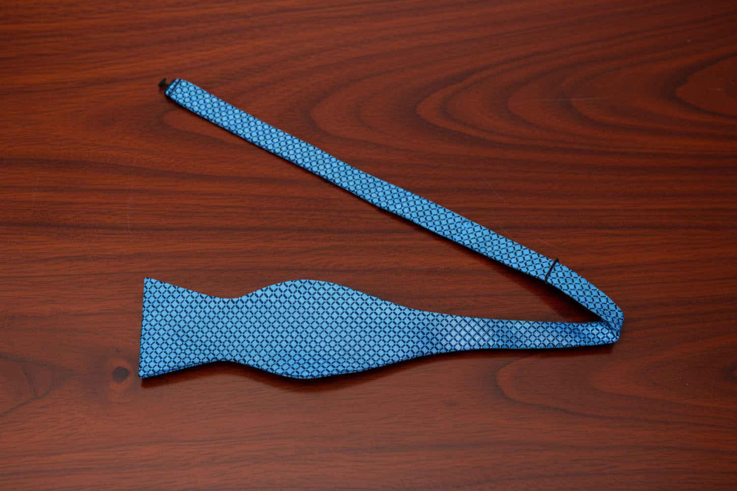 Alt view: A Light Blue, White Small Geometric Diamond With Small Dots Pattern Self Tie Bow Tie