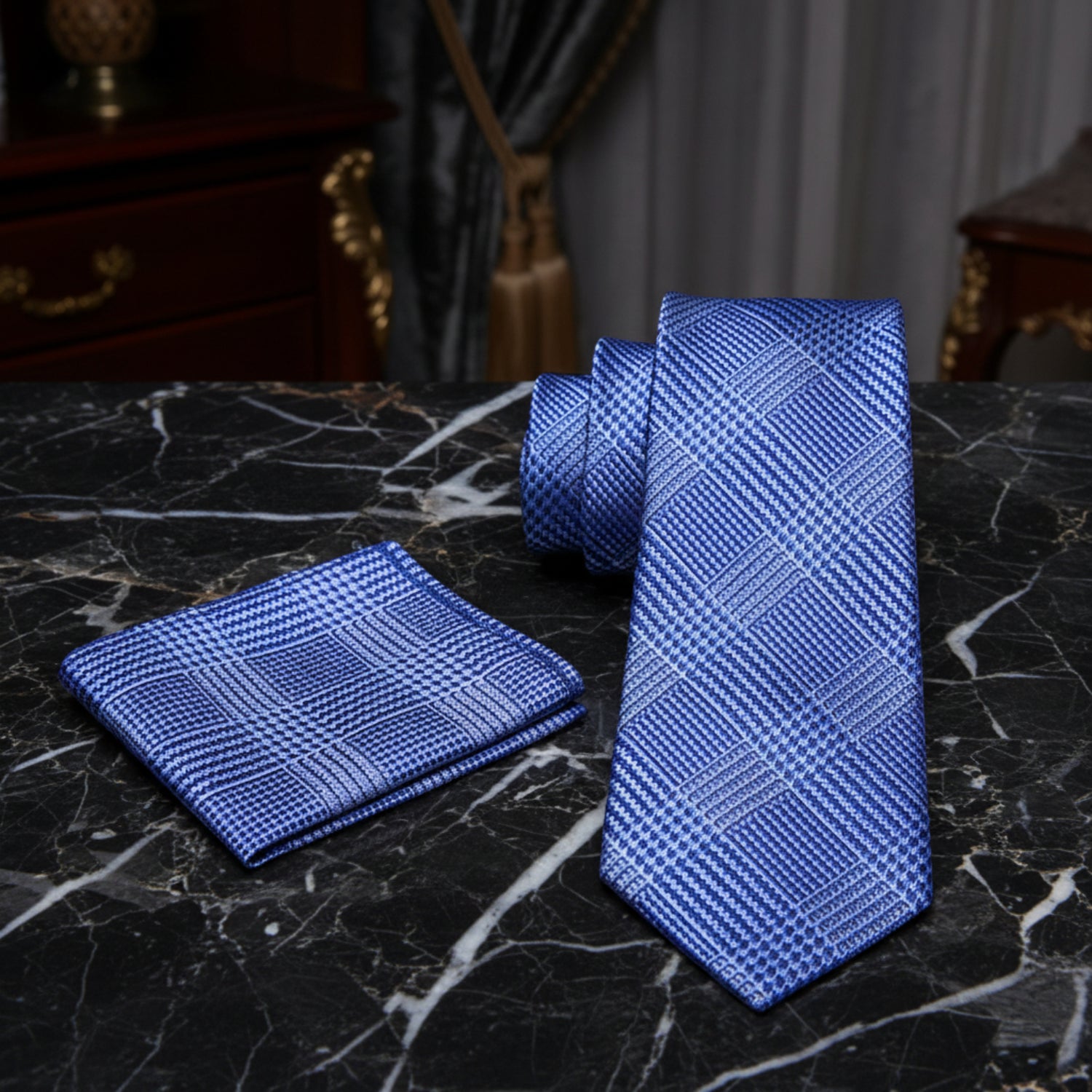 Alt View: Light Blue Geometric Tie and Pocket Square
