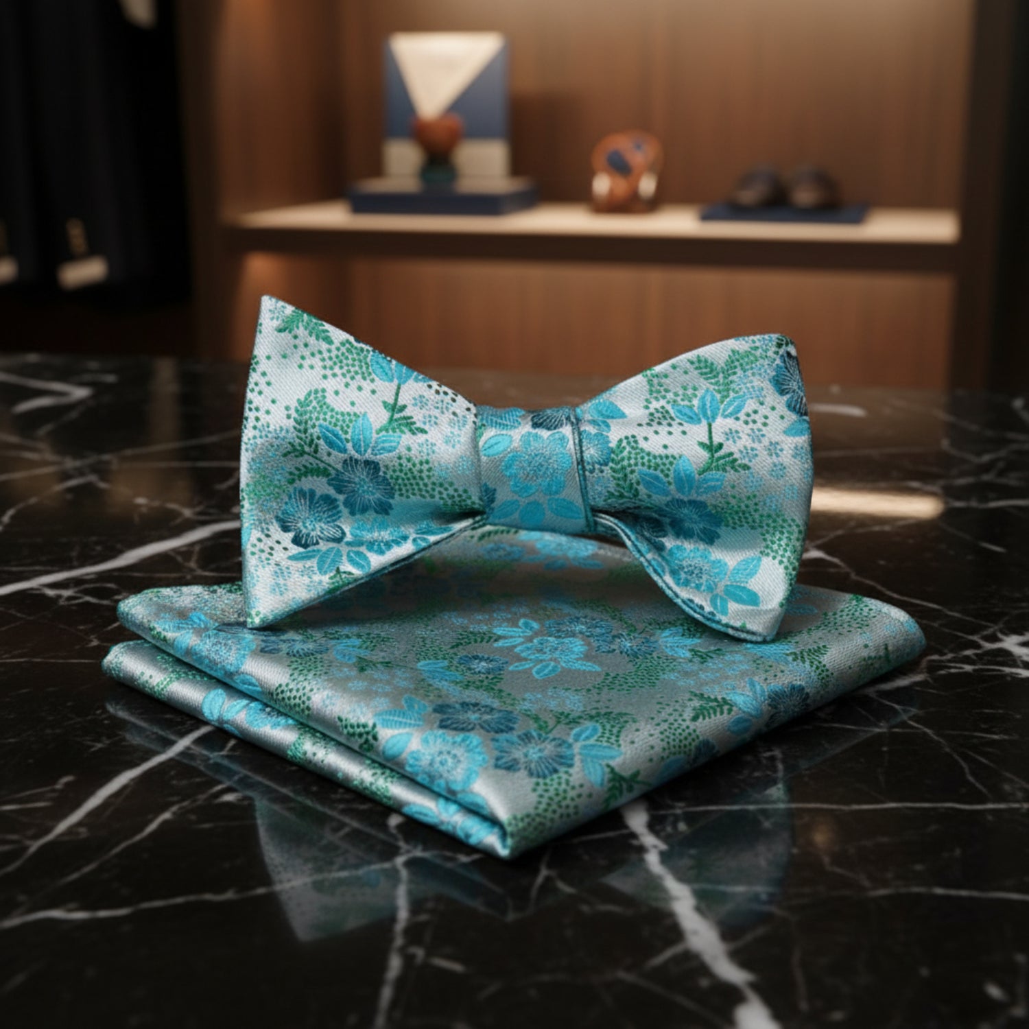 Teal, Green, Blue Floral Bow Tie and Pocket Square