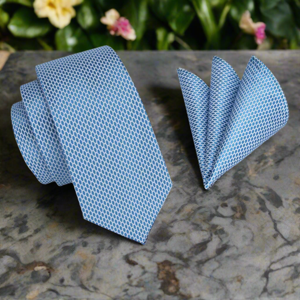 Alt View: A Light Blue, White Geometric Oval Shaped Pattern Necktie, Matching Pocket Square