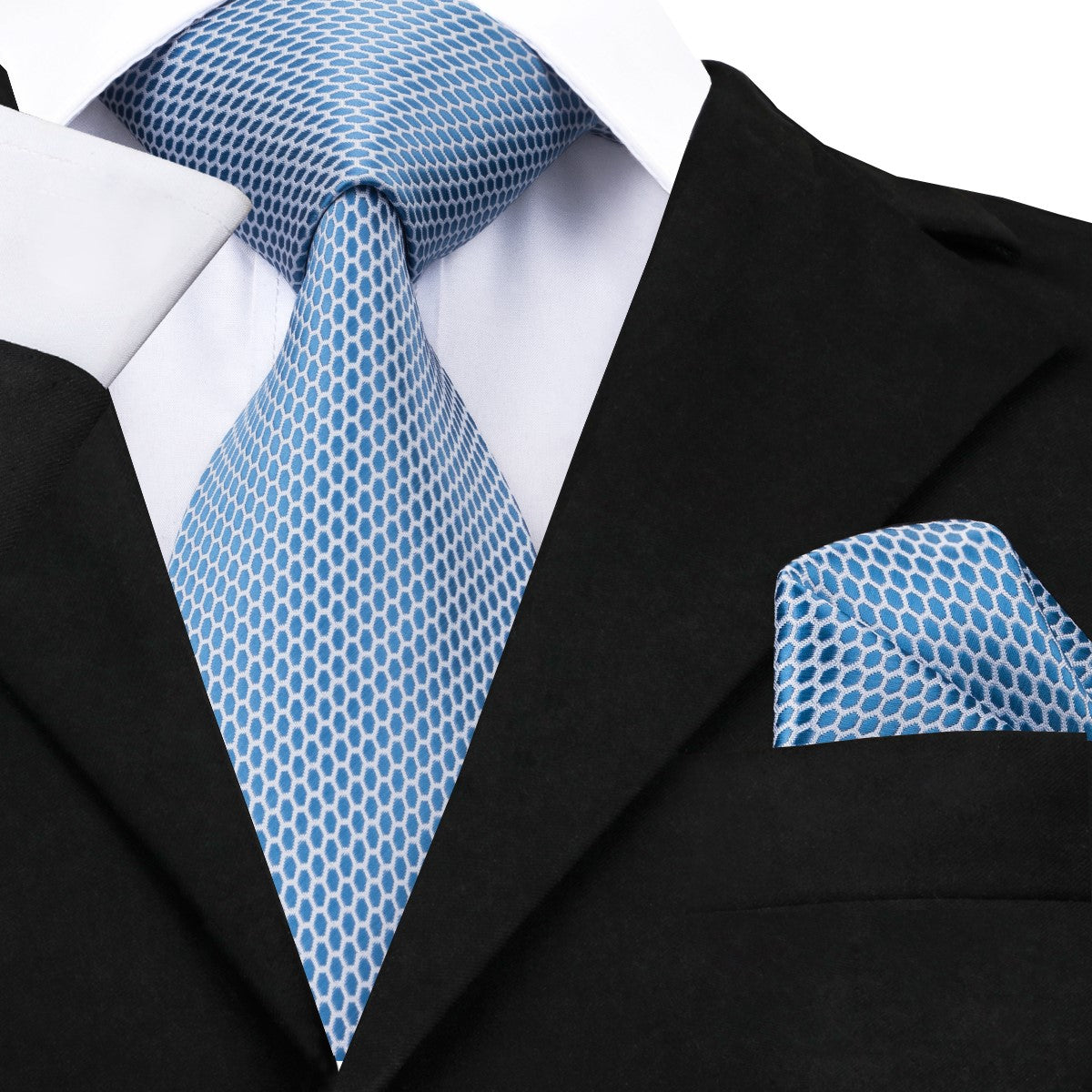 A Light Blue, White Geometric Oval Shaped Pattern Necktie, Matching Pocket Square