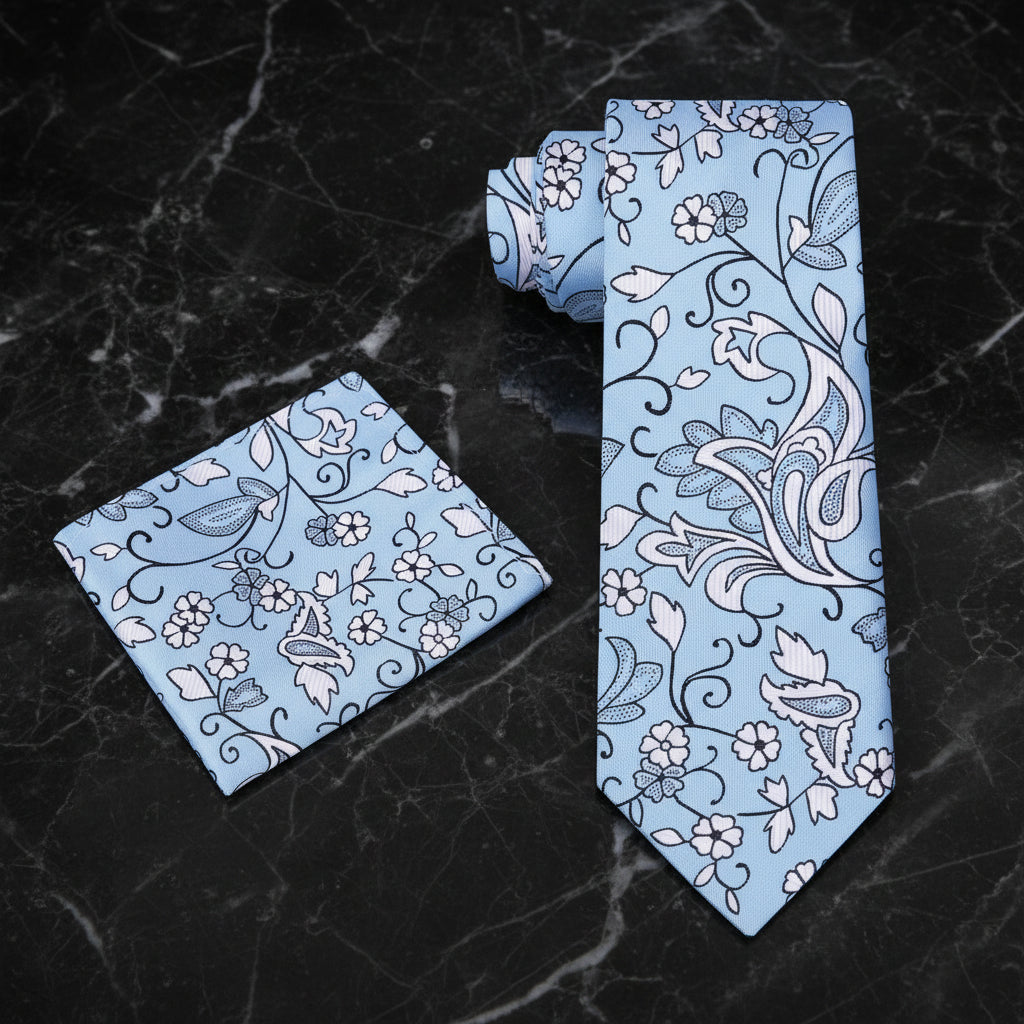Alt View; A Light Blue, White, Black Floral Pattern Necktie, Matching Pocket Square