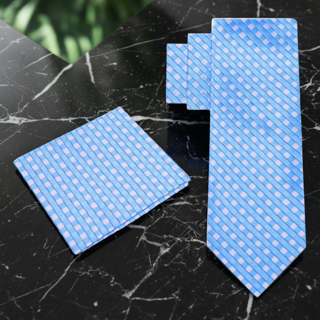 Alt View: A Light Blue, White Small Geometric Check Pattern Necktie, Matching Pocket Square