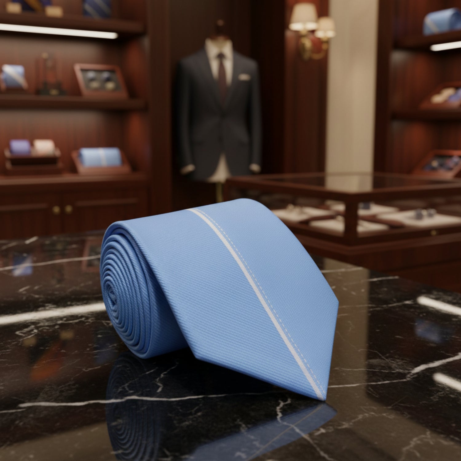 A Light Blue, White Vertical Lined Pattern Necktie 