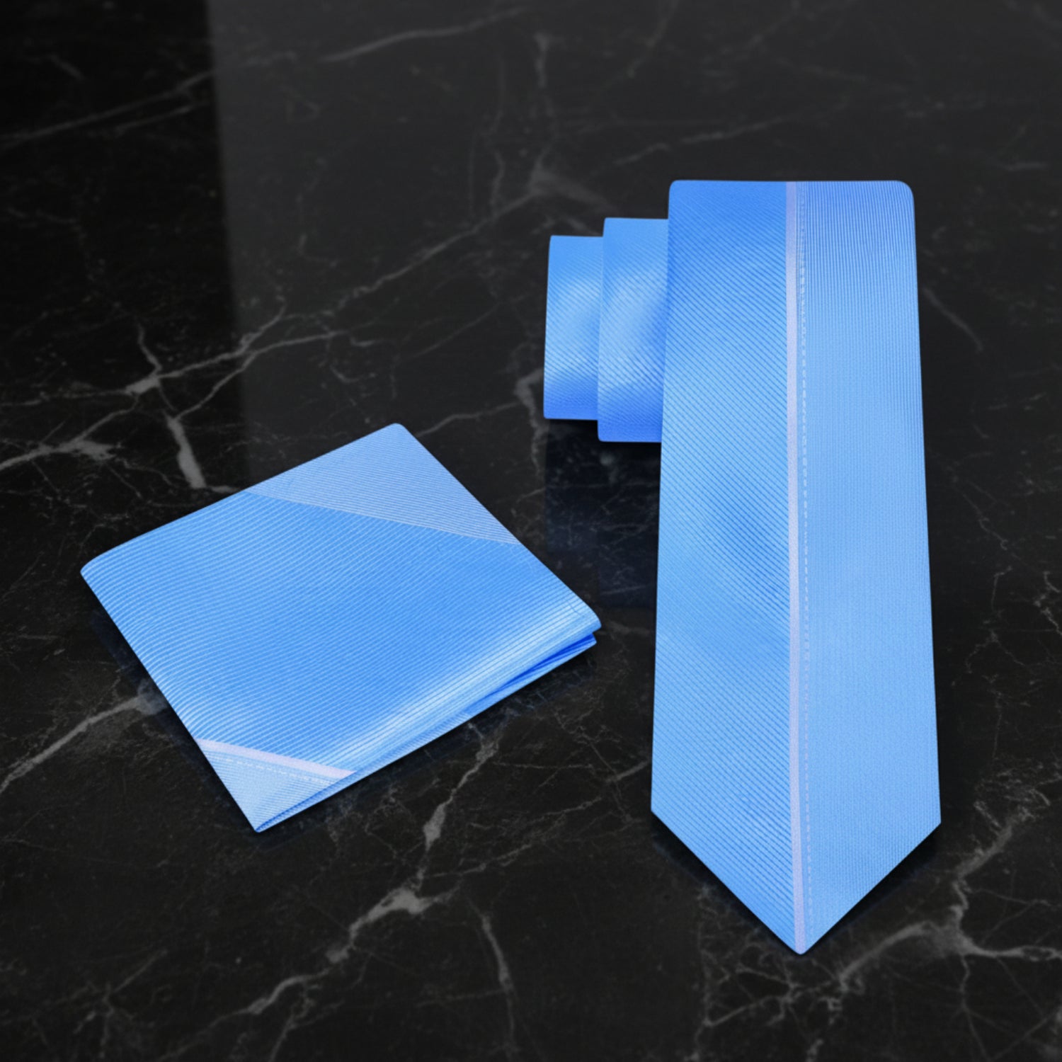 Alt View: A Light Blue, White Vertical Lined Pattern Necktie, Matching Pocket Square