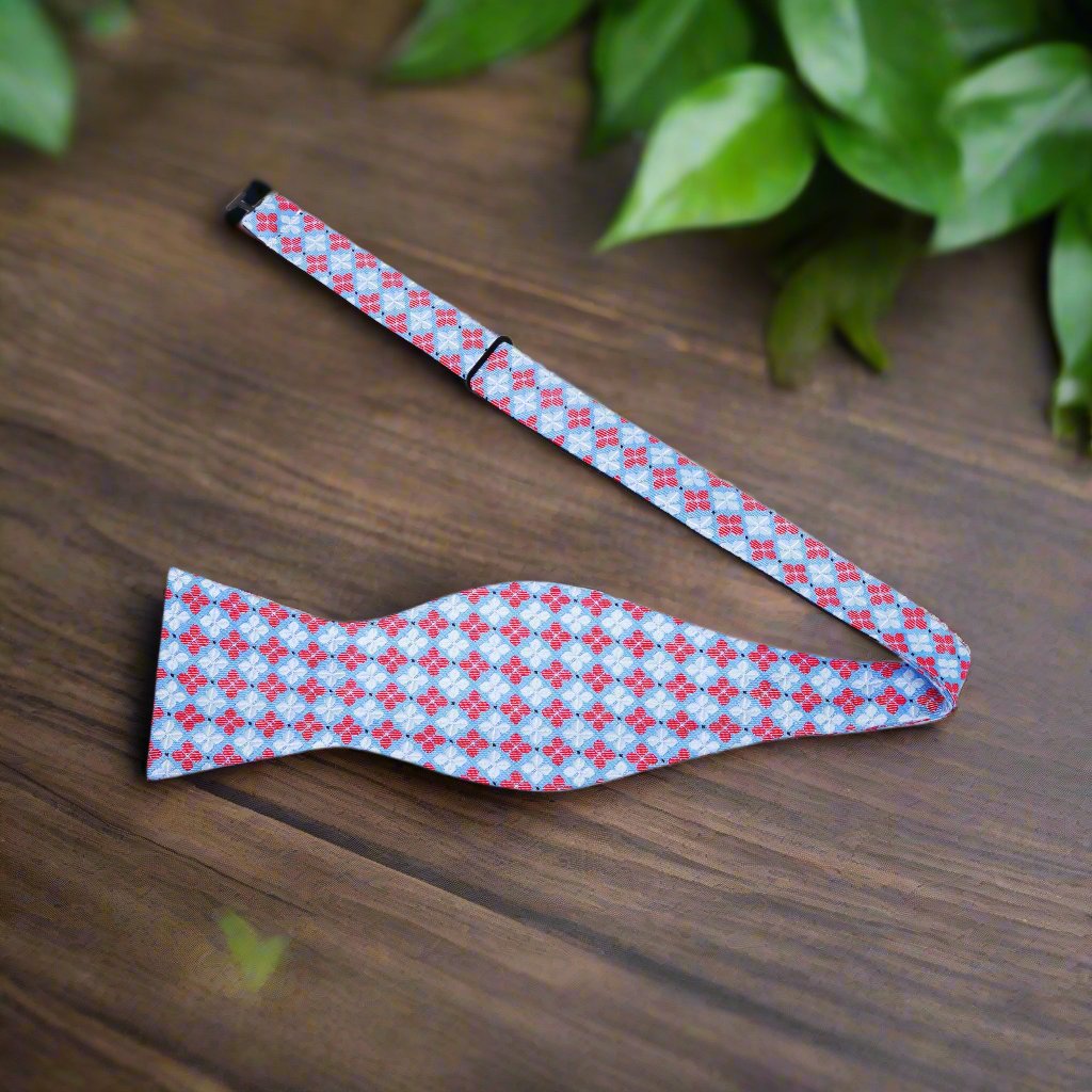 Untied View: A Light Blue, Light Red Geometric Clover Pattern Silk Self Tie Bow Tie, Pocket Square