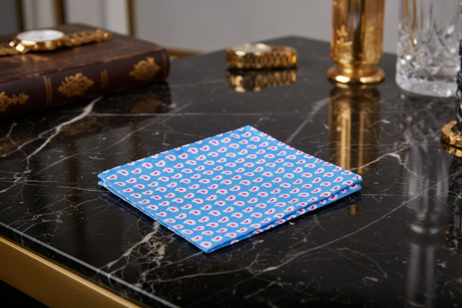 Main View: Light Blue, White, Pink Paisley Pocket Square
