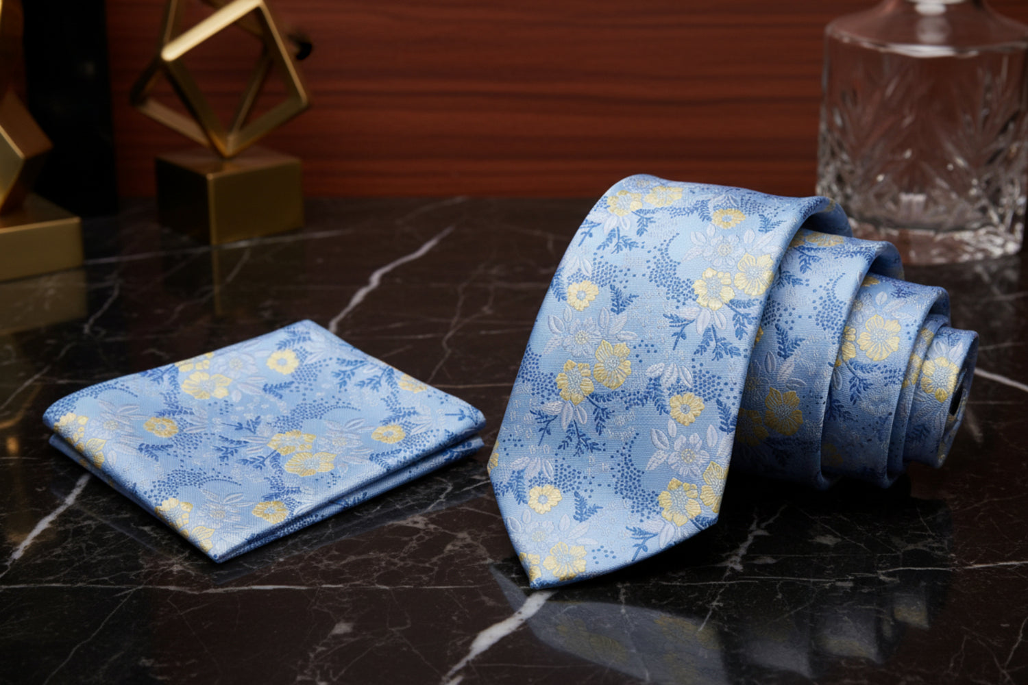 Alt View: Light Blue, Blue, Light Yellow Floral Tie and Pocket Square