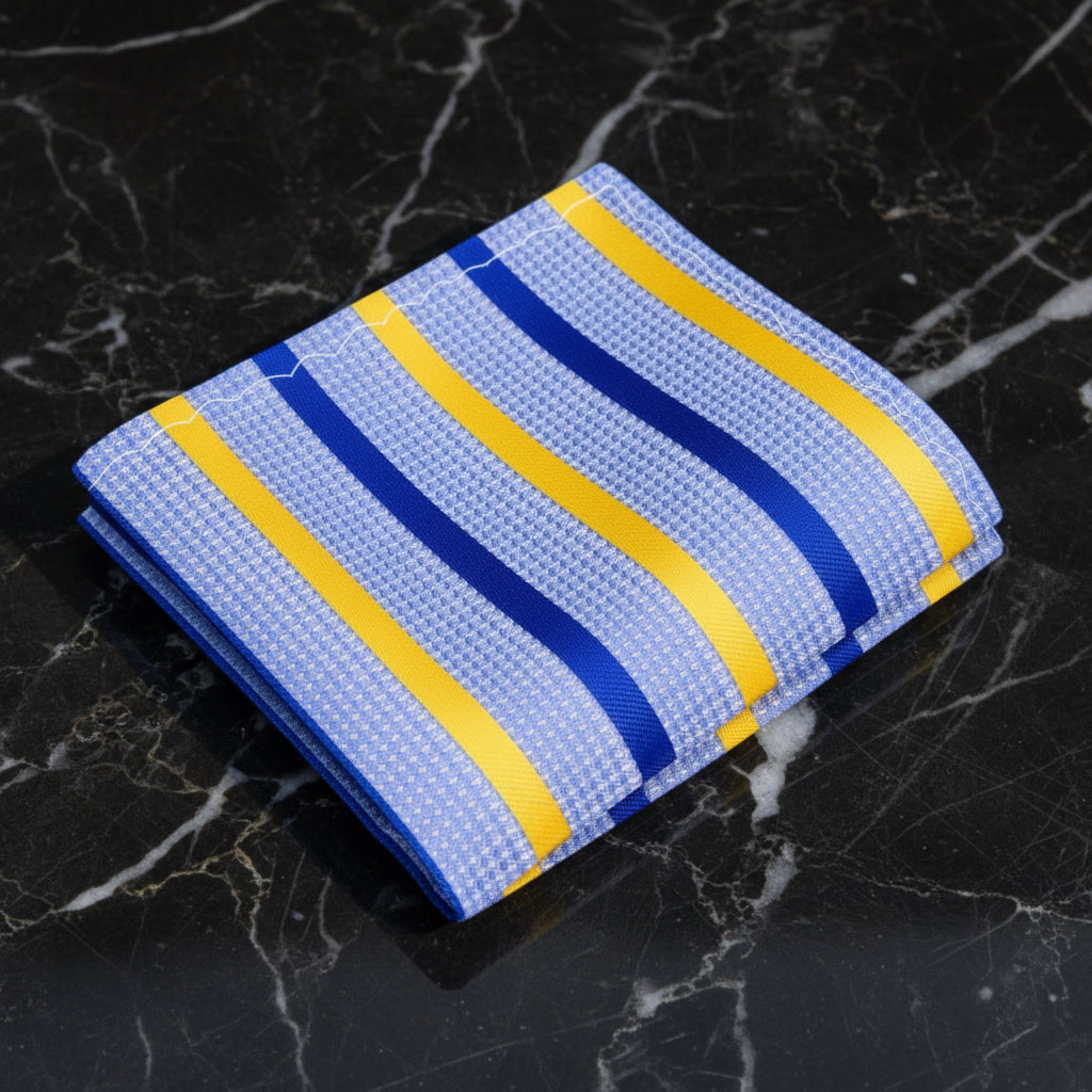 A Light Blue, Yellow, Blue Stripe Pattern Pocket Square