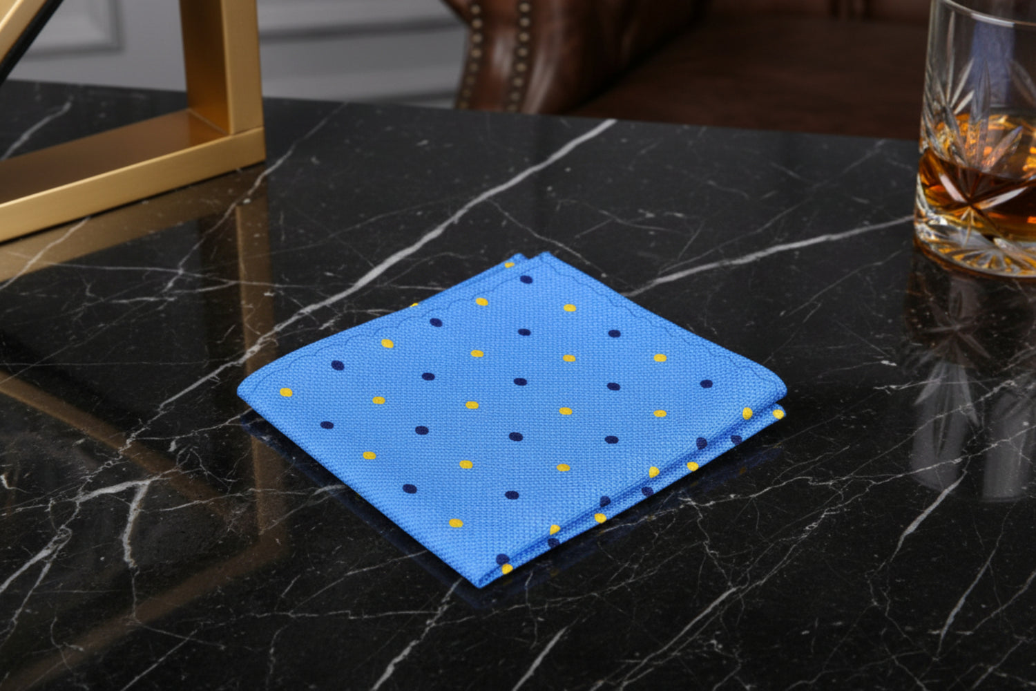 A Light Blue, Yellow Polka Pattern Pocket Square