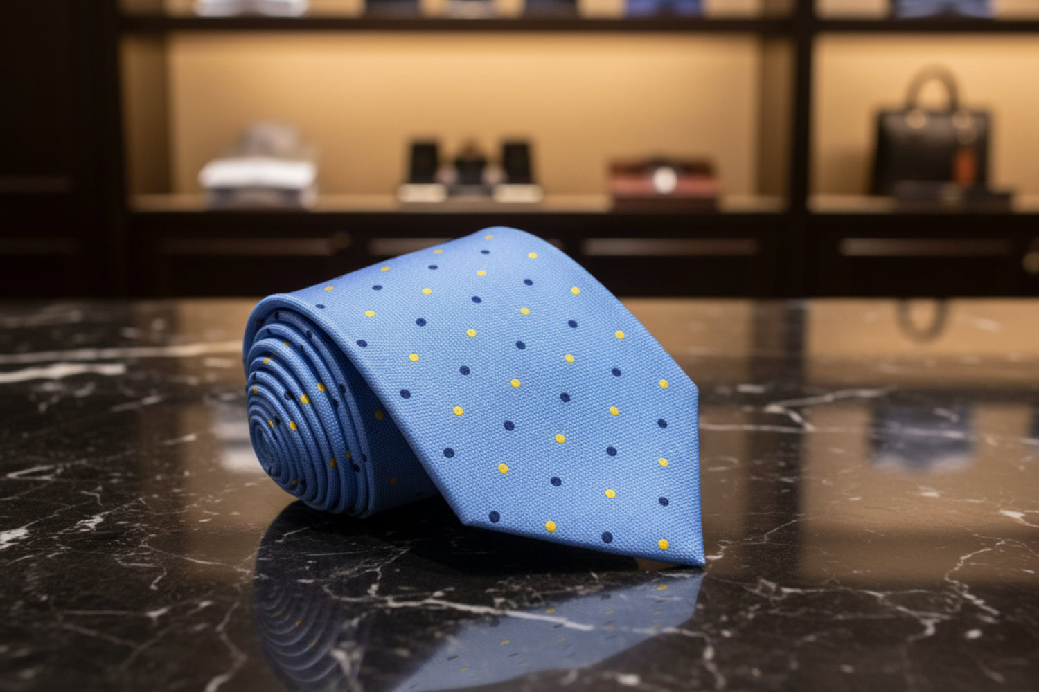A Light Blue, Blue, Yellow Polka Dot Pattern Necktie 