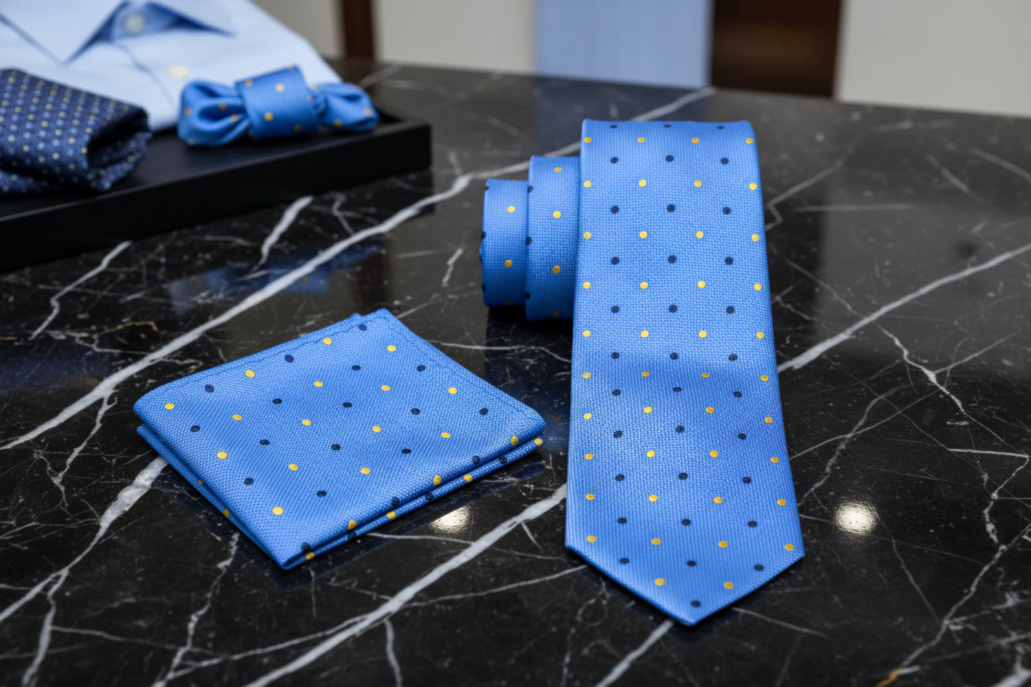 Alt View: A Light Blue, Blue, Yellow Polka Dot Pattern Necktie, Matching Pocket Square