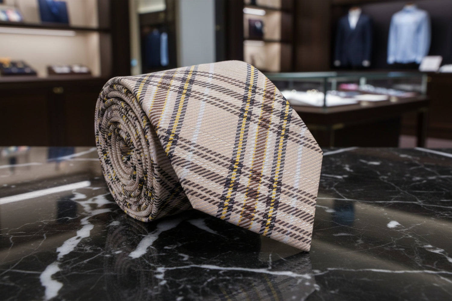 A Brown, Tan, Cream Plaid Pattern Necktie 