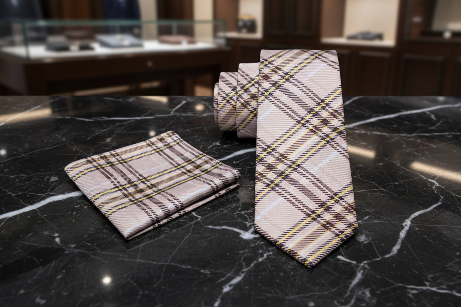 Alt View: A Brown, Tan, Cream Plaid Pattern Necktie, Matching Pocket Square