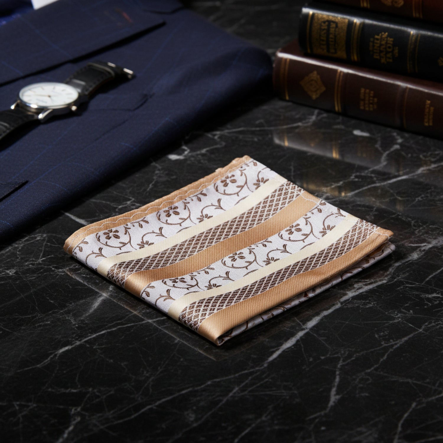 A Cream, Brown Intricate Vine Pattern Pocket Square