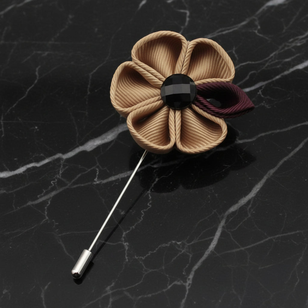 View 2; A Light Brown, Burgundy Colored Thick Petal Lapel Flower||Light Brown, Burgundy