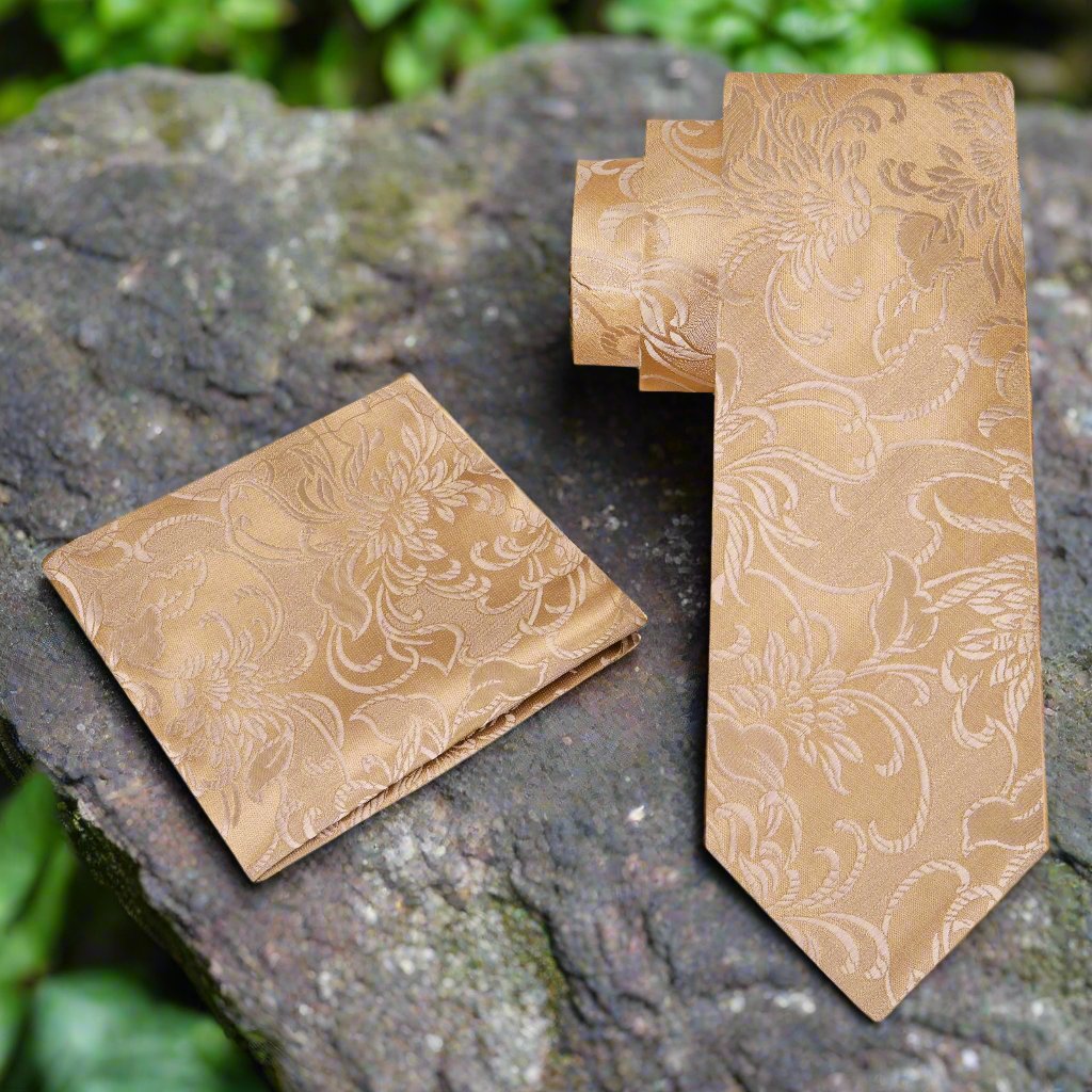Alt View: A Light Brown Floral Pattern Silk Necktie, Matching Pocket Square