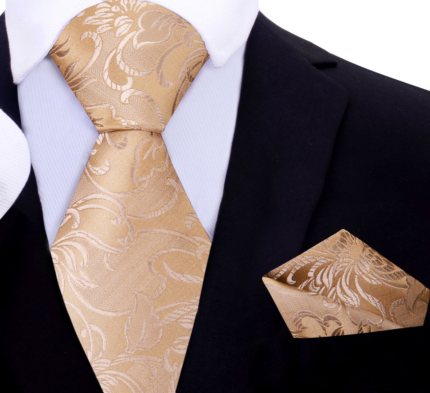 A Light Brown Floral Pattern Silk Necktie, Matching Pocket Square