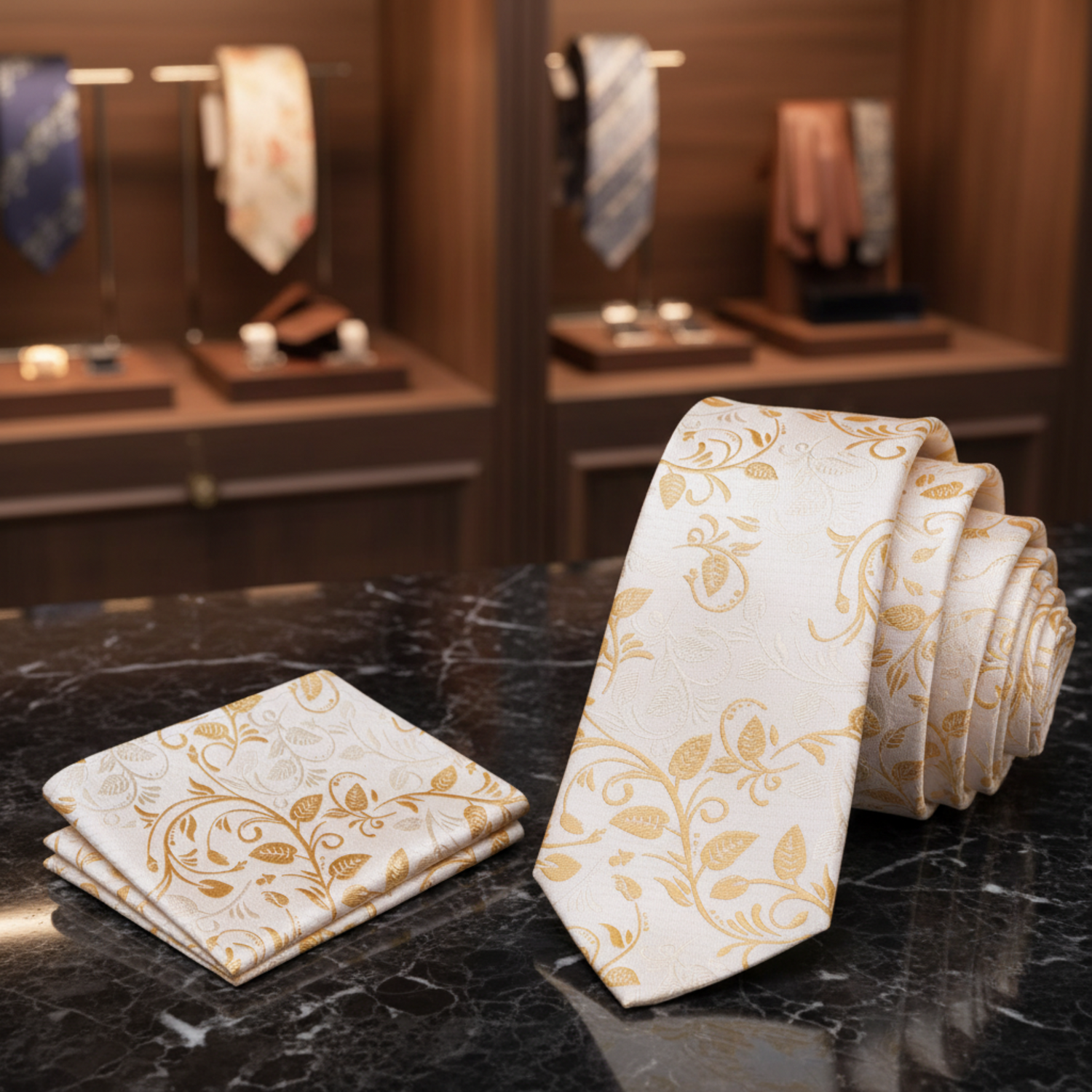 View 2: A Beige, Tan Floral Pattern Necktie, Matching Pocket Square