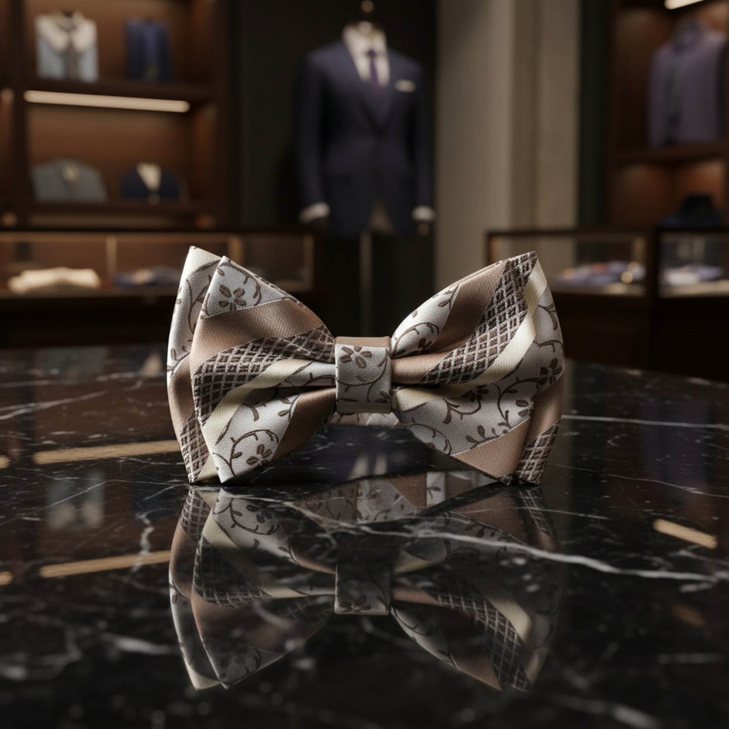 A Gold, Brown Vine Pattern Self Tie Bow Tie 