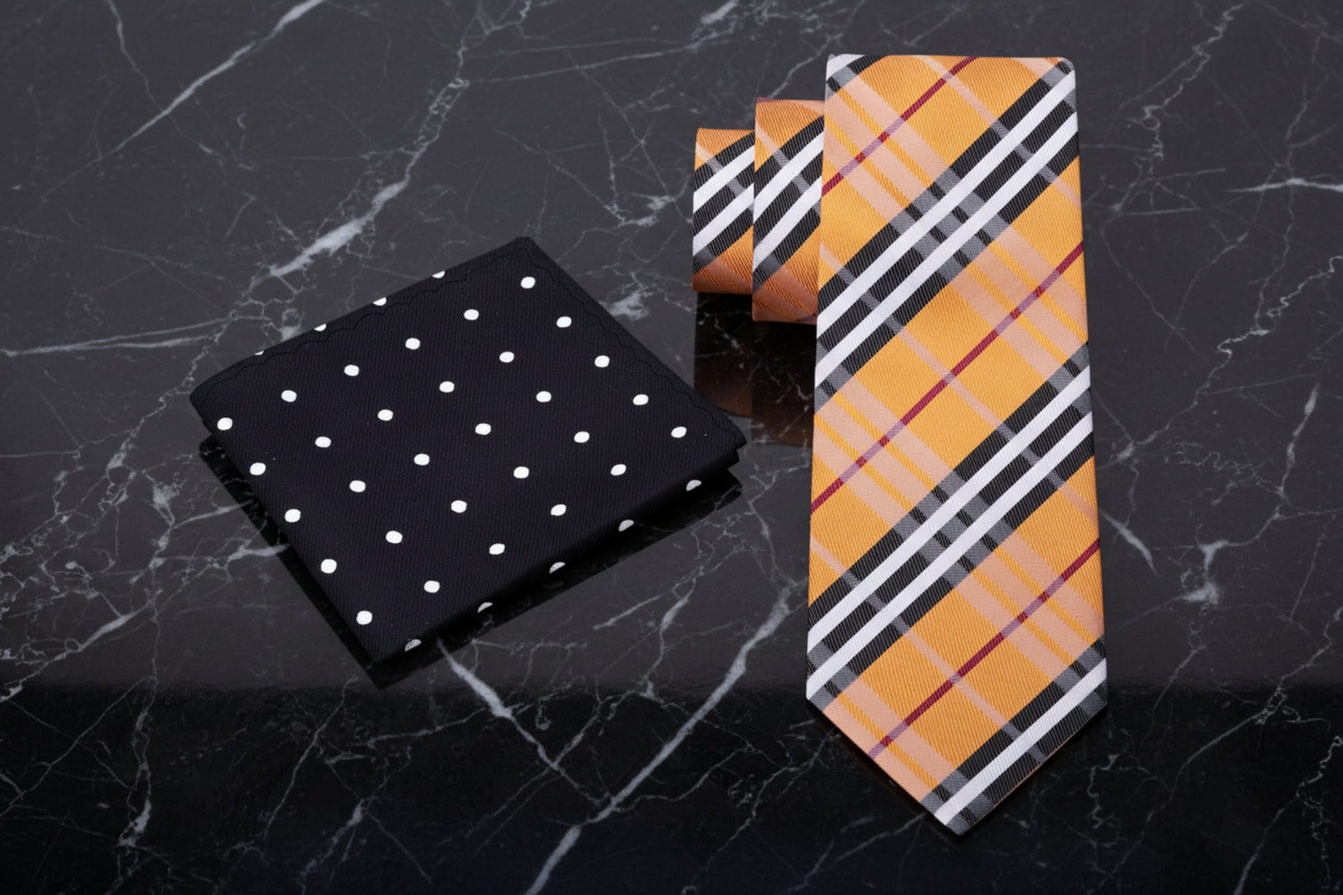 Alt View: Golden Brown, Black, White, Red Plaid Tie and Black with White Dots Square