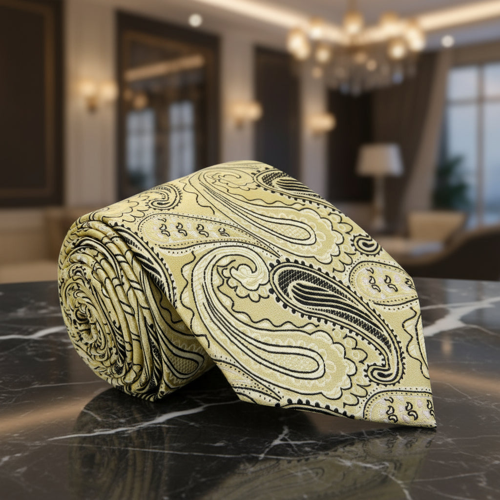A Light Yellow, Black Paisley Pattern Necktie