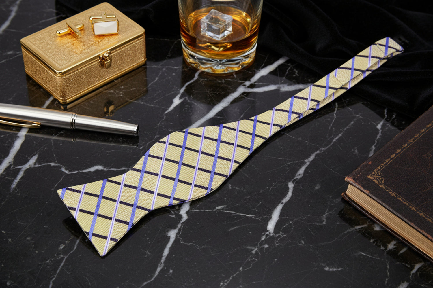 Untied: A Light Blue, Light Gold Geometric Diamonds Pattern Self Tie Bow Tie