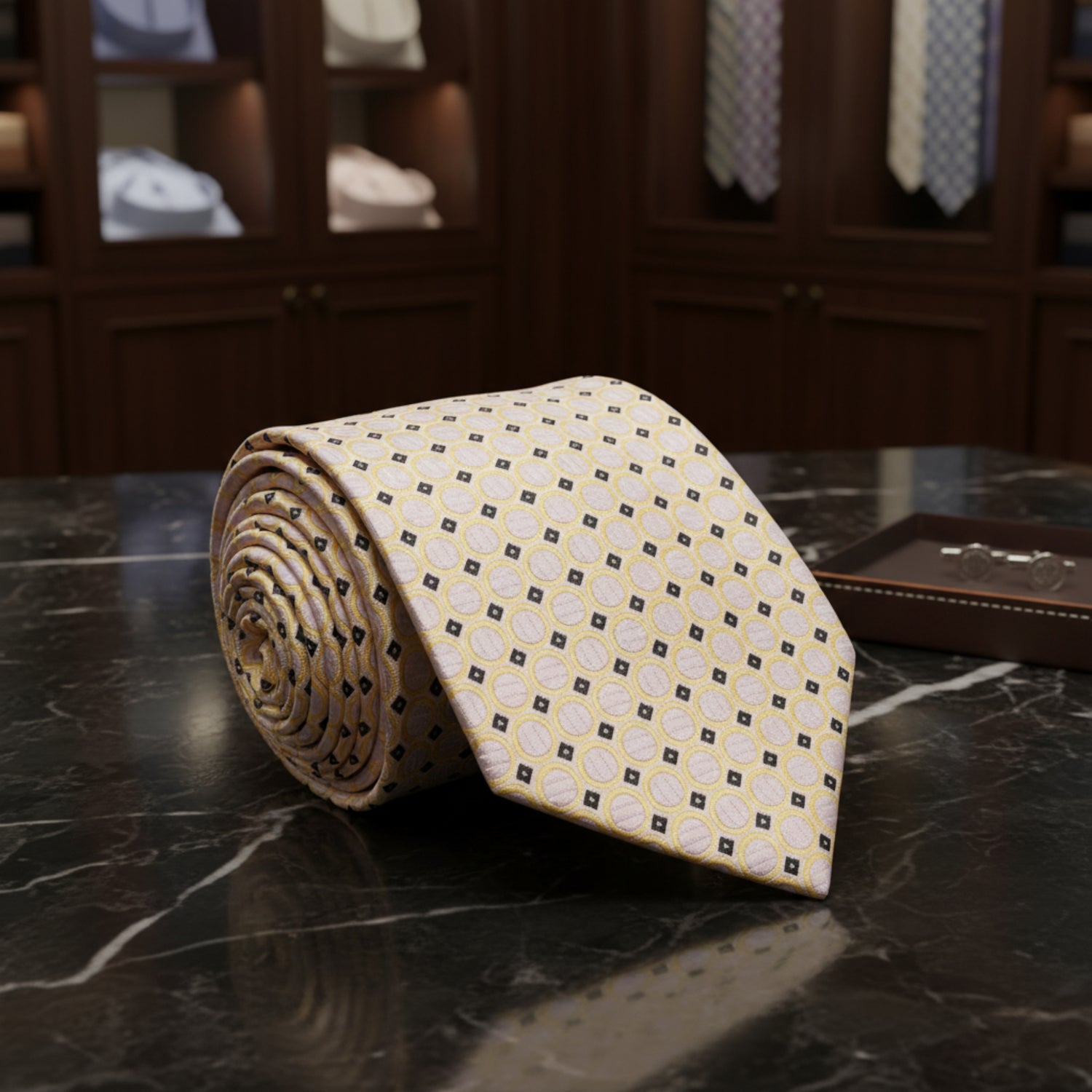 A Light Yellow, Tan, Black Check Pattern  Necktie