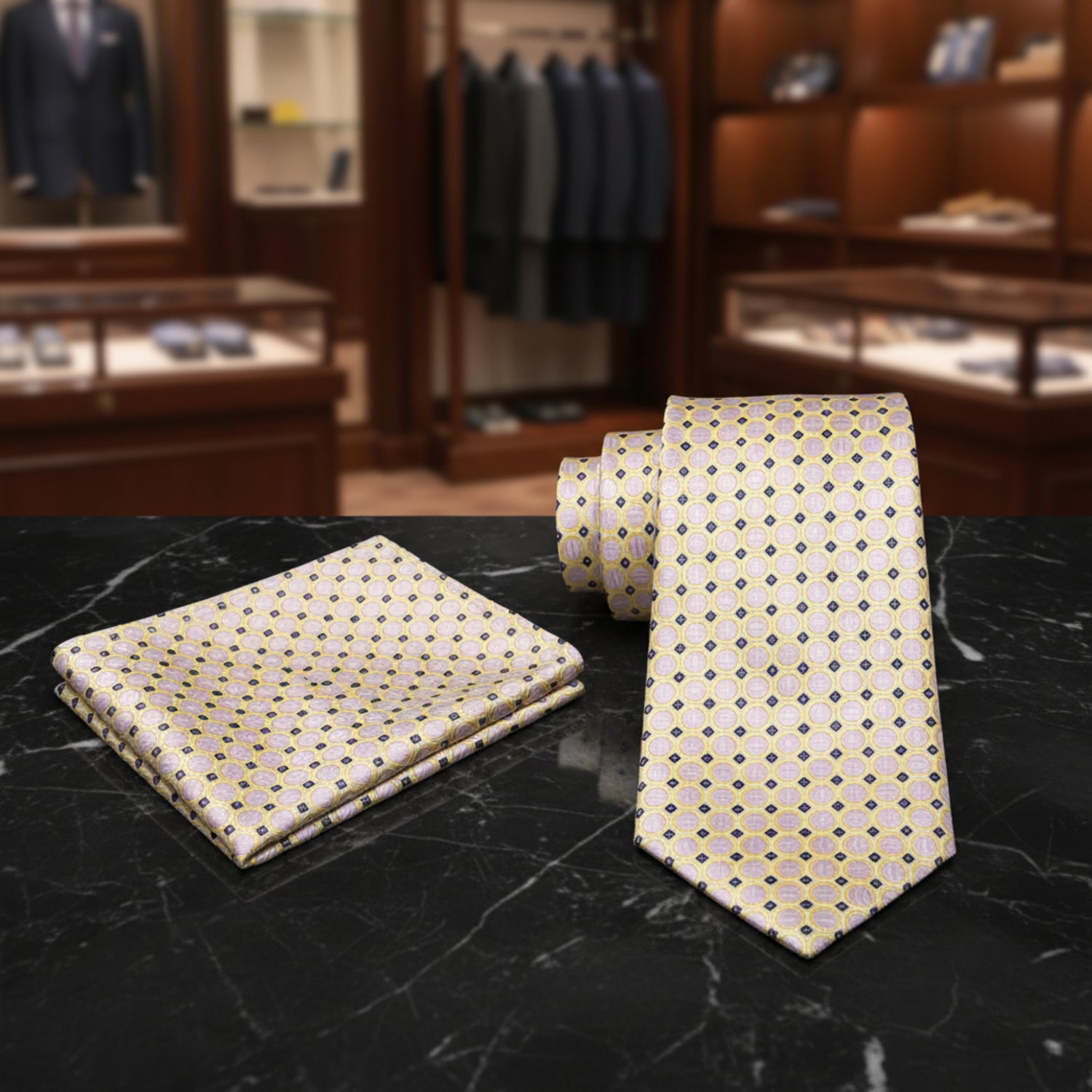 Alt View: A Light Yellow, Tan, Black Check Pattern Necktie, Matching Pocket Square