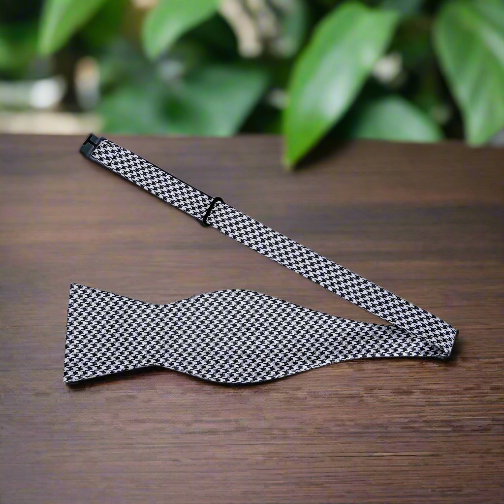Light Grey Black Hounds Tooth Bow Tie Self Tie