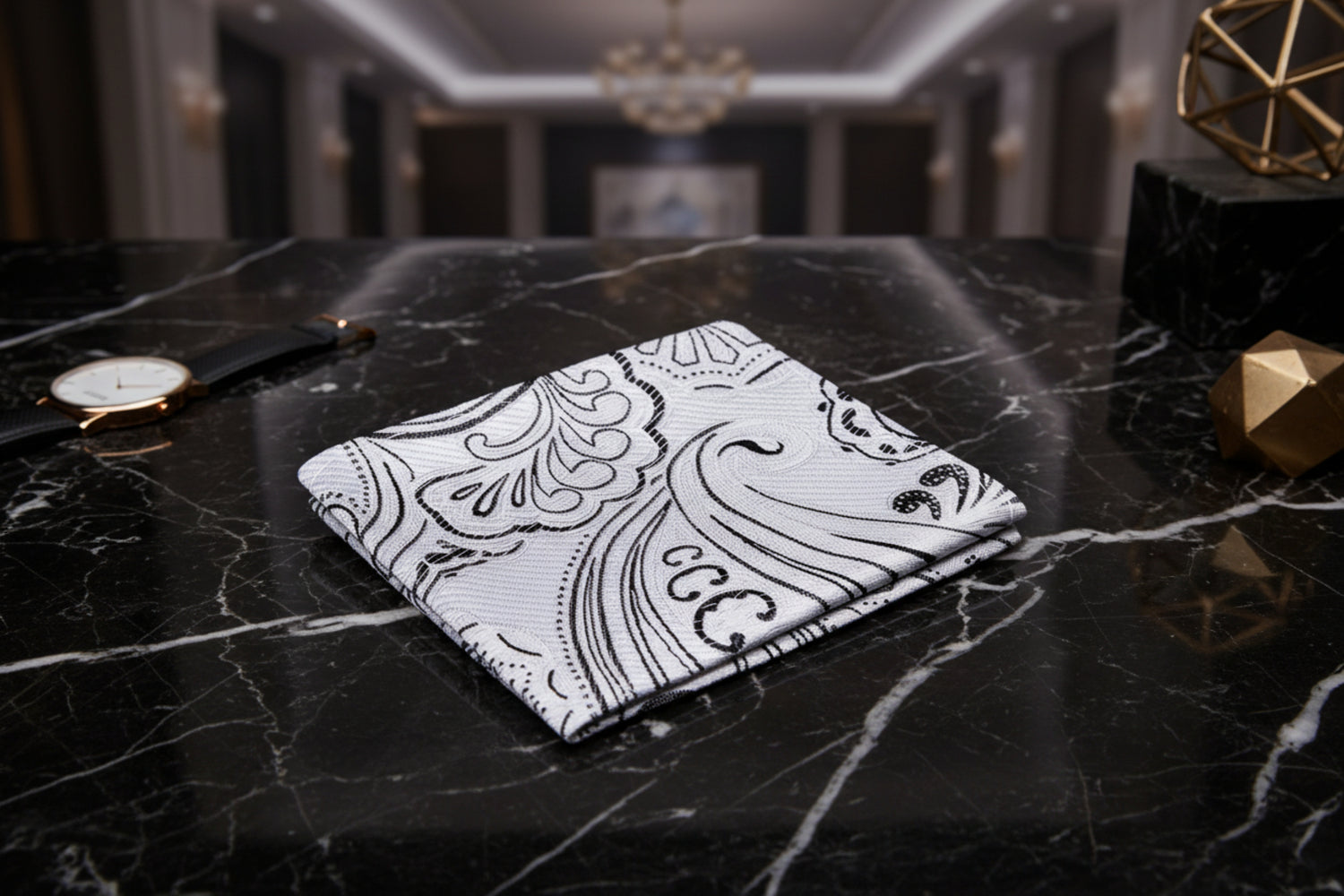 A Grey, Black Paisley Pattern Pocket Square