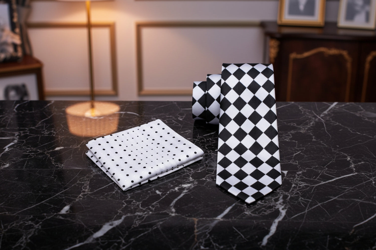 Alt View: Light Grey and Black Checkerboard Tie and White Black Polka Pocket Square