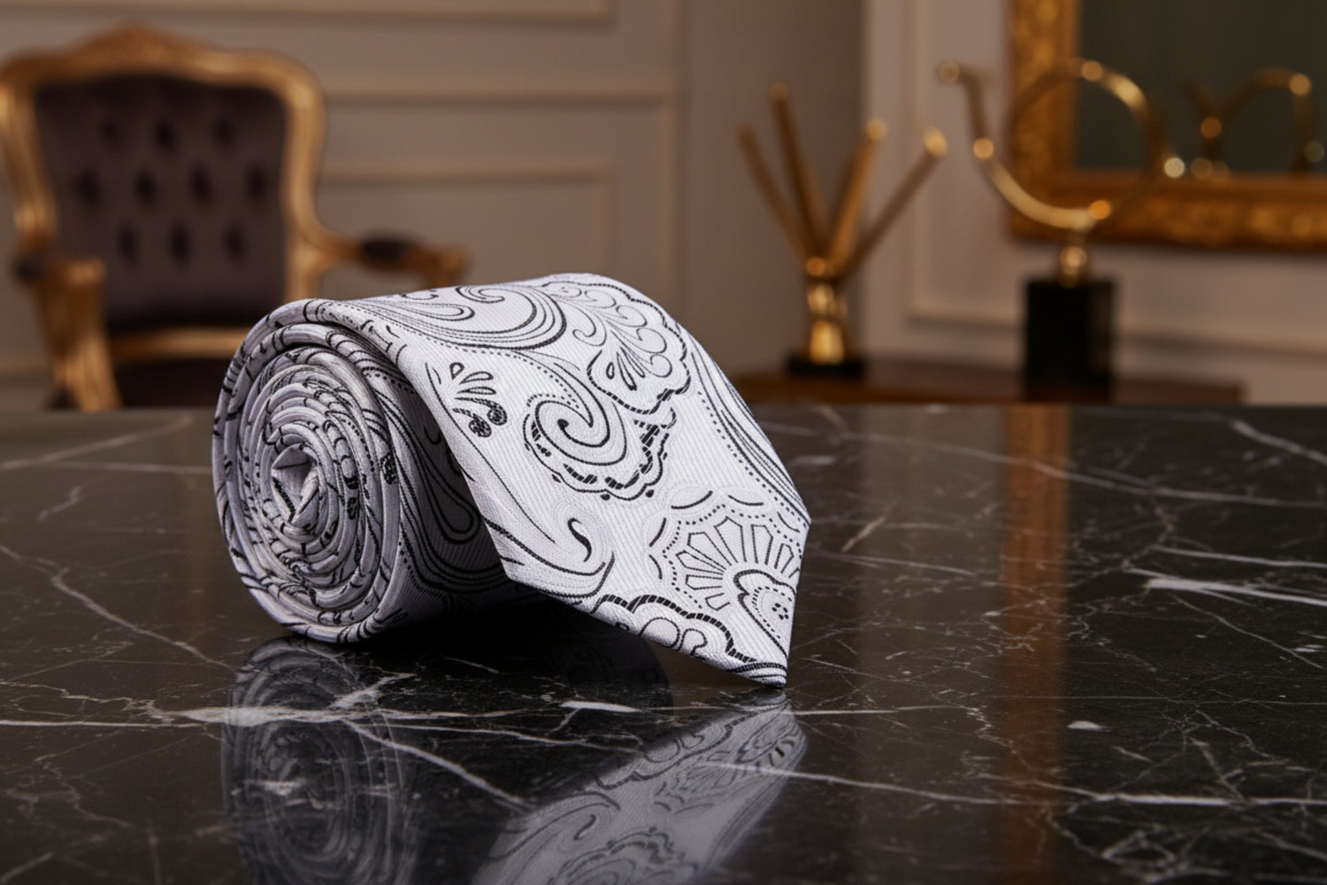 A Ivory, Black Paisley Pattern Necktie 