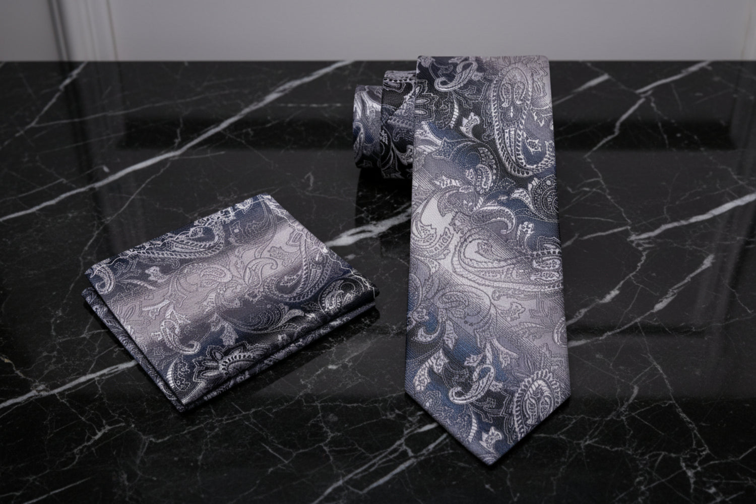 Alt View: A Steel Grey, Light Grey Paisley Pattern Necktie, Matching Pocket Square