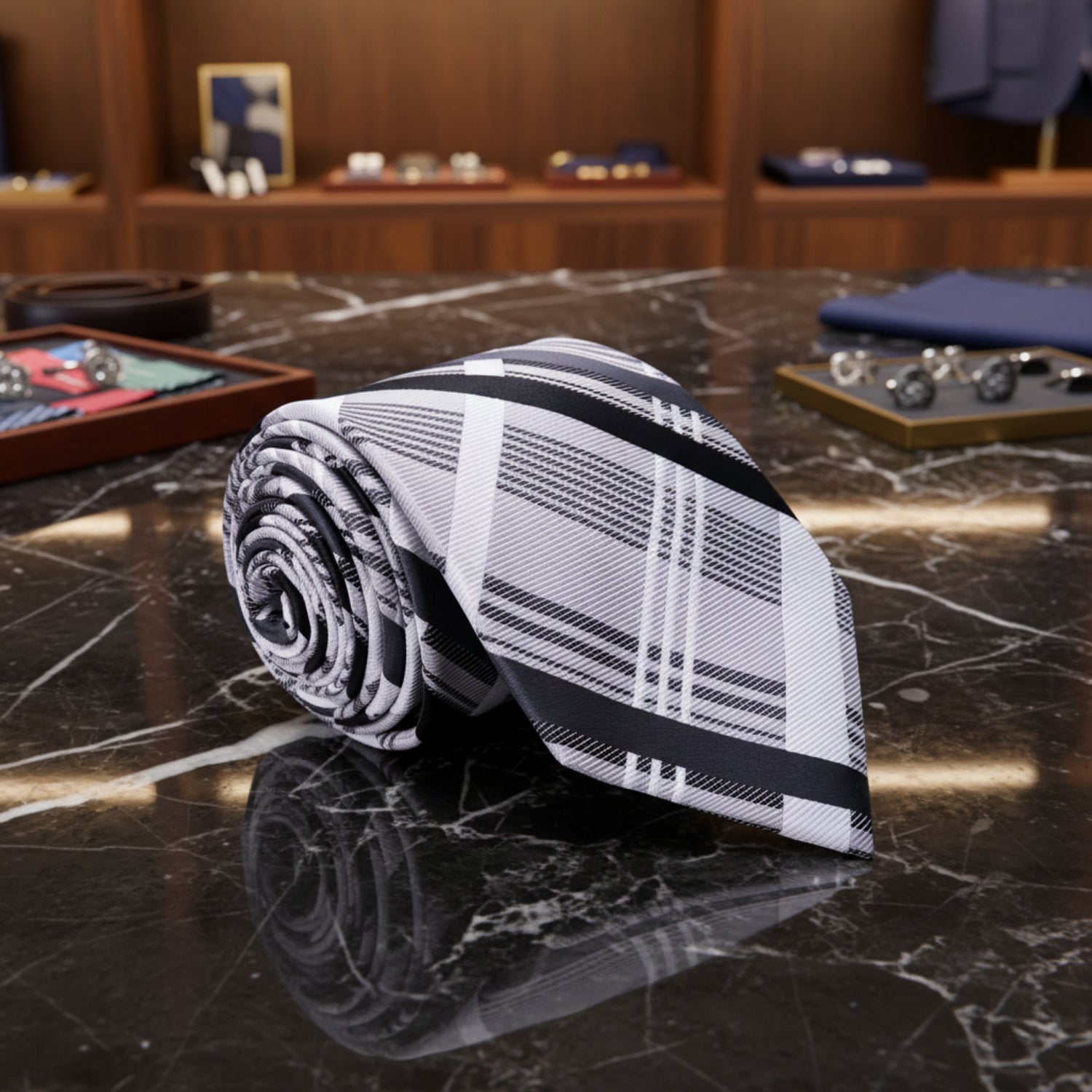 A Black, White, Grey Plaid Pattern Necktie 