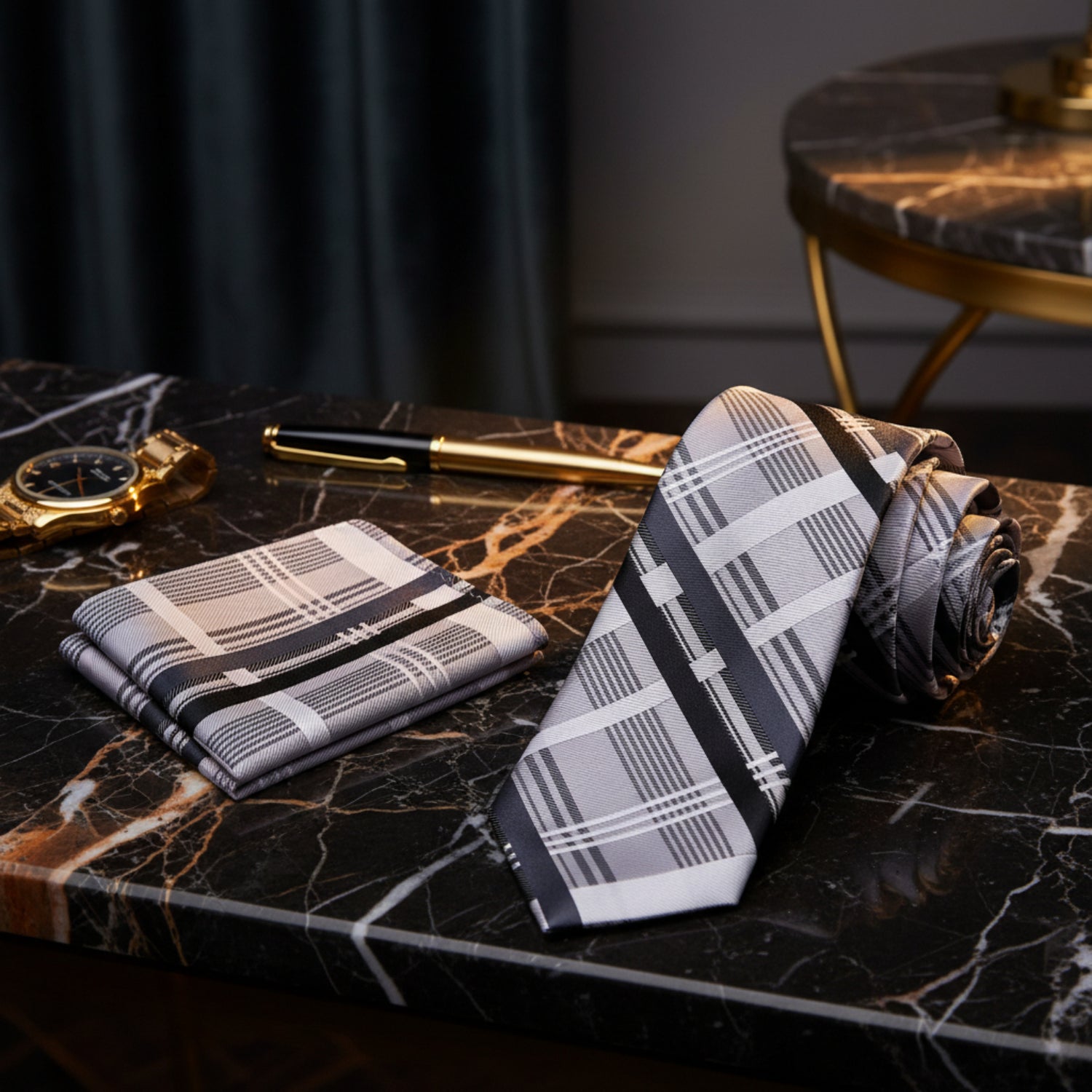 Alt View: A Black, White, Grey Plaid Pattern Necktie, Pocket Square