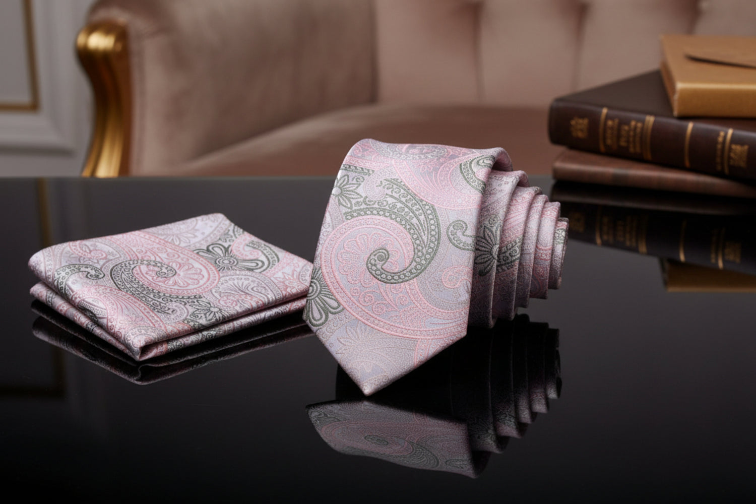Light Pink, Army Green Paisley Tie and Square