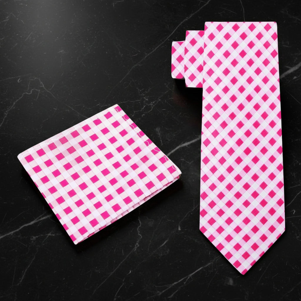 Alt View: A Pink, Light Pink Small Geometric Check Pattern Necktie, Matching Pocket Square