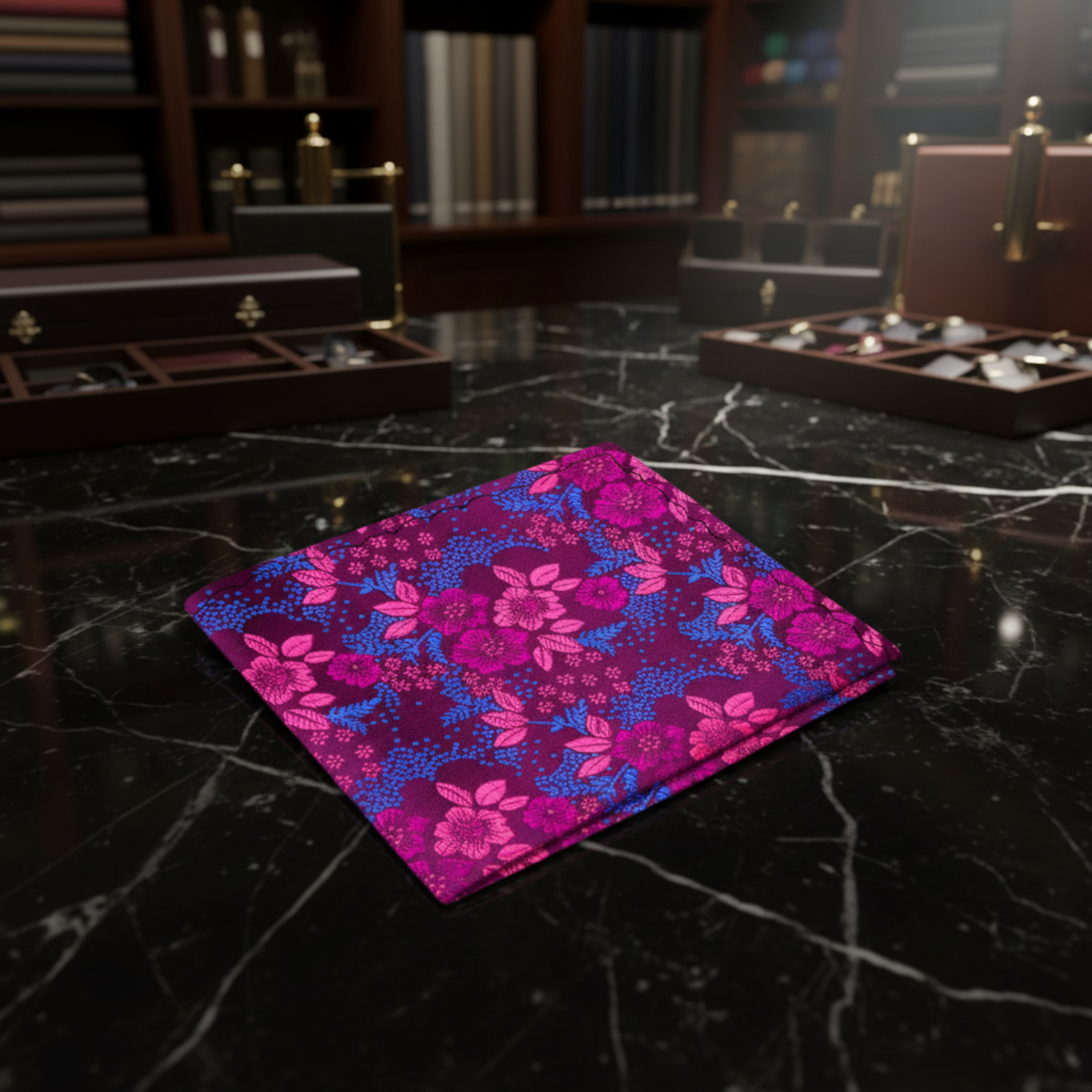 A Pink, Purple, Blue Detailed Flowers Pattern Pocket Square