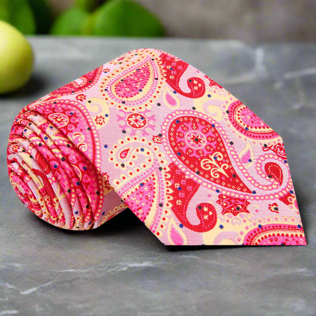A Light Pink, Pink, Orange Paisley Pattern Silk Necktie 