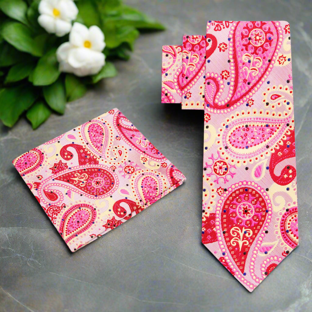 Alt View: A Light Pink, Pink, Orange Paisley Pattern Silk Necktie, Matching Pocket Square